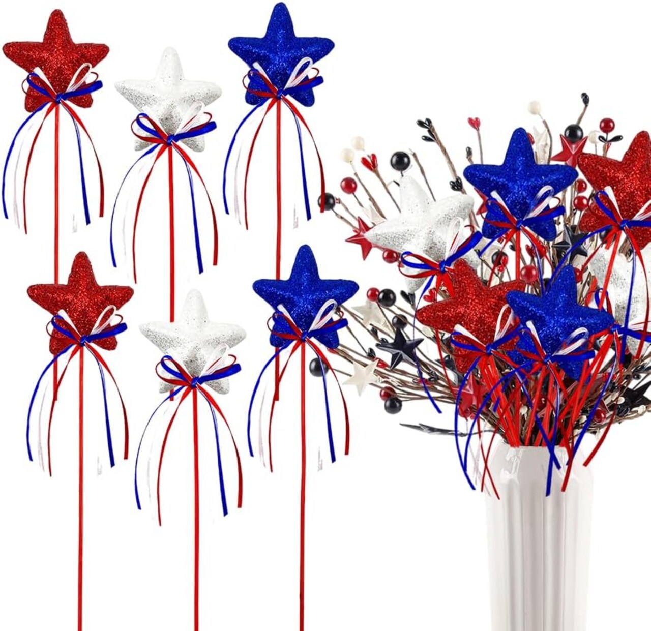 6PCS 4th of July Glitter Puffy Star Picks – Red, White & Blue Foam Sparkly Sticks for Independence Day, Memorial Day, Americana Party Crafts, and Patriotic Decorations